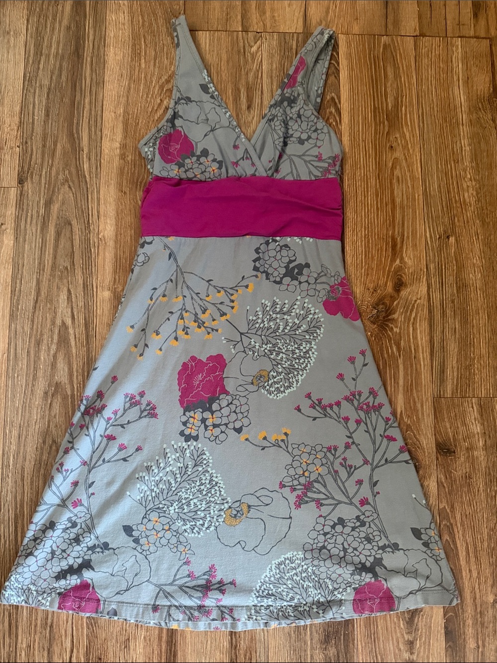 Patagonia Grey Floral Midi Dress with Magenta Waistband